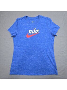 Nike Womens Large Blue Graphic Tee Red Logo Cotton Blend Crew Neck